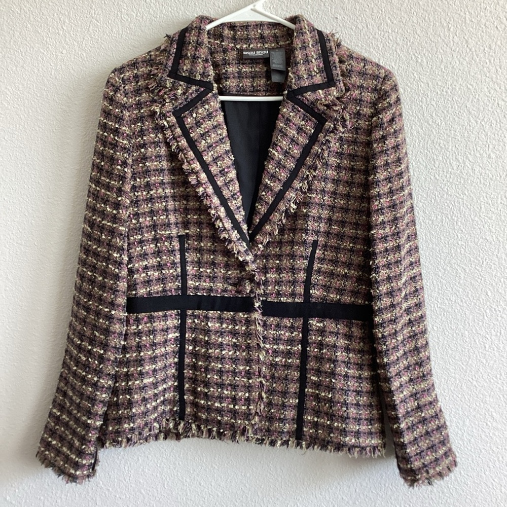 Bisou Bisou Michelle Bohbot Blazer Womens Jacket Multi Color Tweed Size 8 Preppy
